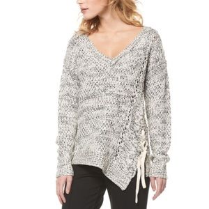 Dex | V-Neck Asymmetrical Lace-Up Knit Sweater Blk/Wht